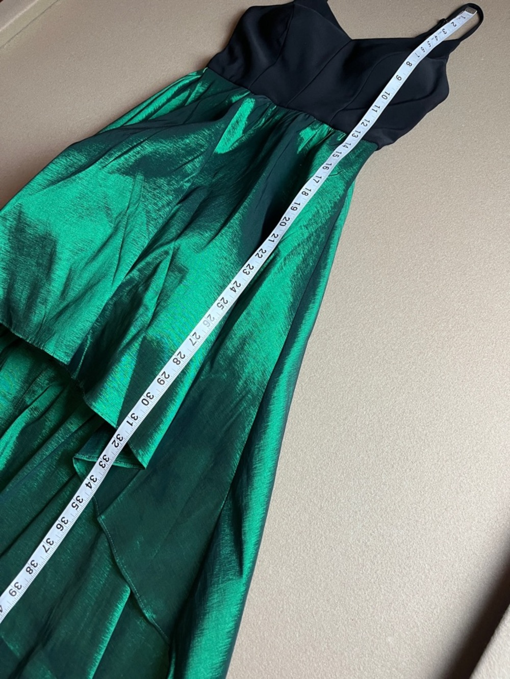 Betsy & Adam Black Green V-Neck High-Low Dress- 2 - Picture 10 of 12